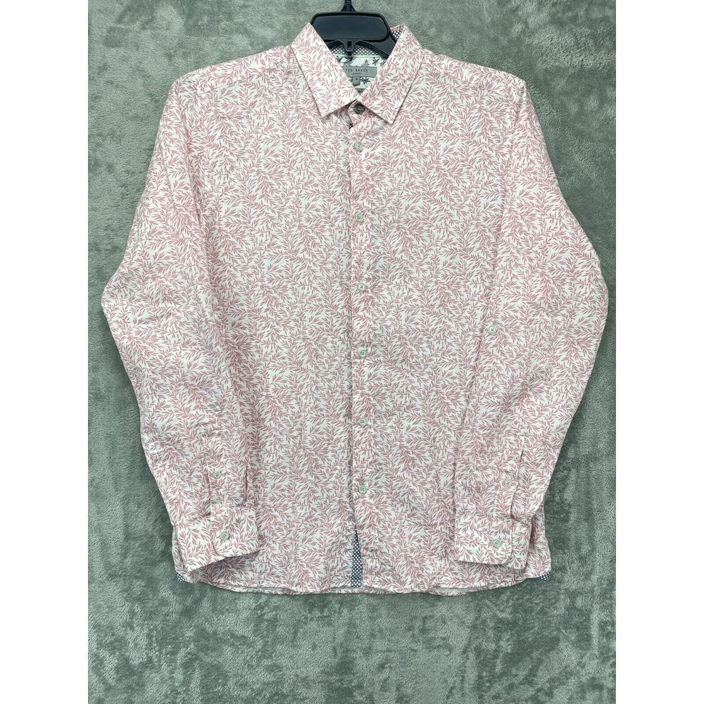 Ted Baker Women's Shirt Linen Blend Roll Tab Sleeve Size 4 Flip Cuff Pink Floral